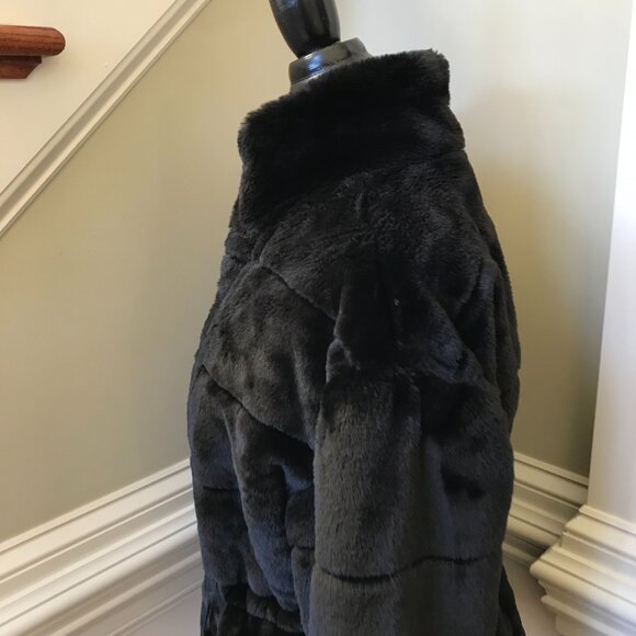 Elie Tahari Faux Fur Coat Womens Medium Black Cinch Waist Long Sleeve Jacket - Picture 13 of 15